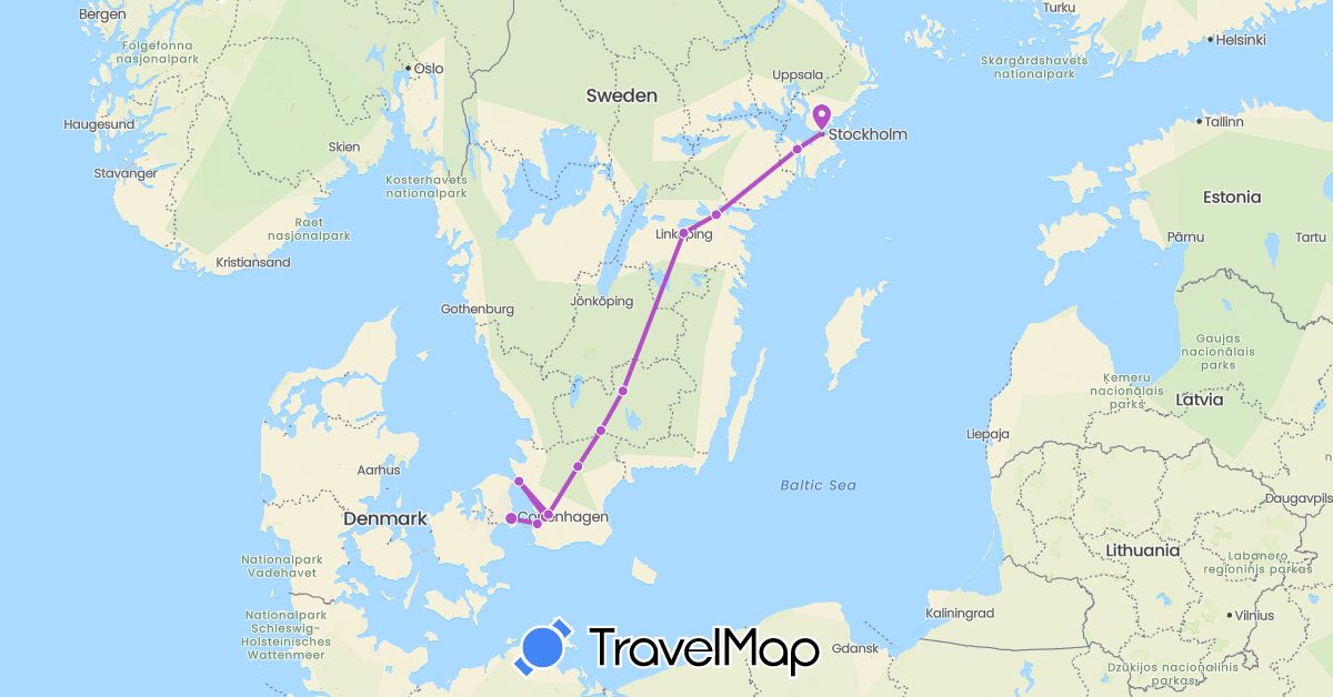 TravelMap itinerary: train in Denmark, Sweden (Europe)